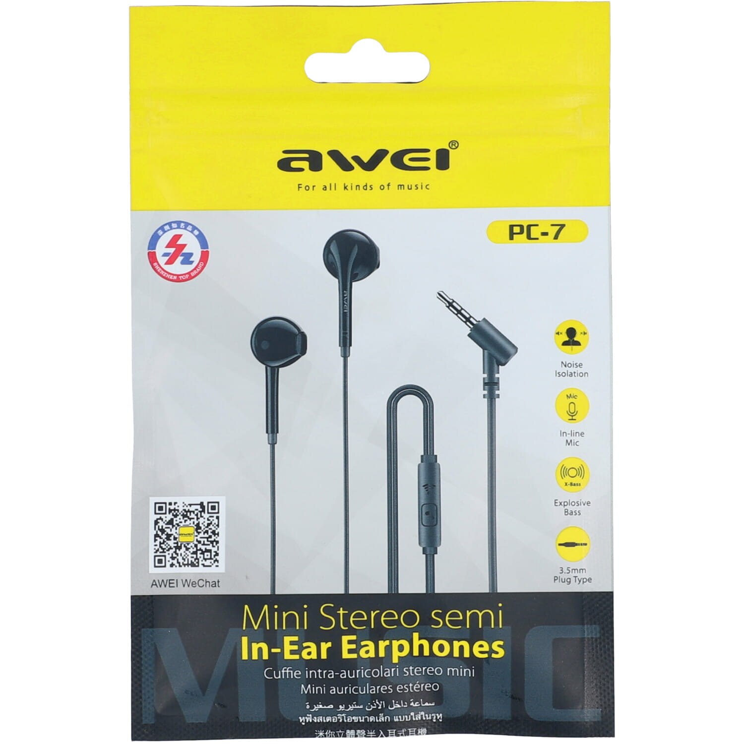 Casti audio cu microfon AWEI PC-7, In-ear, Control pe fir, Jack 3.5mm, Lungime cablu 1.2m, Negru