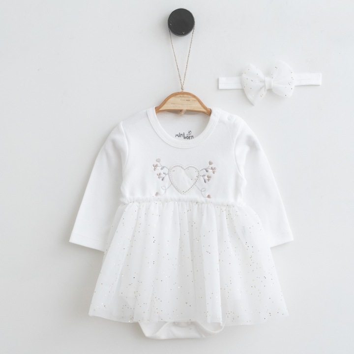 Детска боди рокля Bebe milo, 100% органичен памук, Тюл, Пачка, 62-68см, Бял цвят, 3-6 месеца