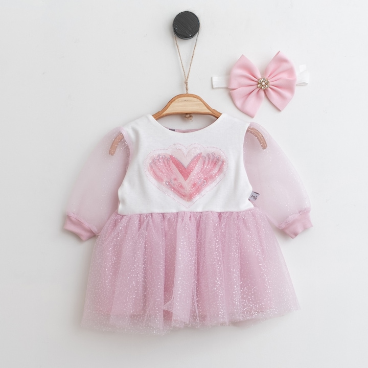 Детска рокля Bebe milo, 100% органичен памук, Лента за коса, Тюл, Пачка, Сърце, 74-80см, Розов цвят, 9-12 месеца