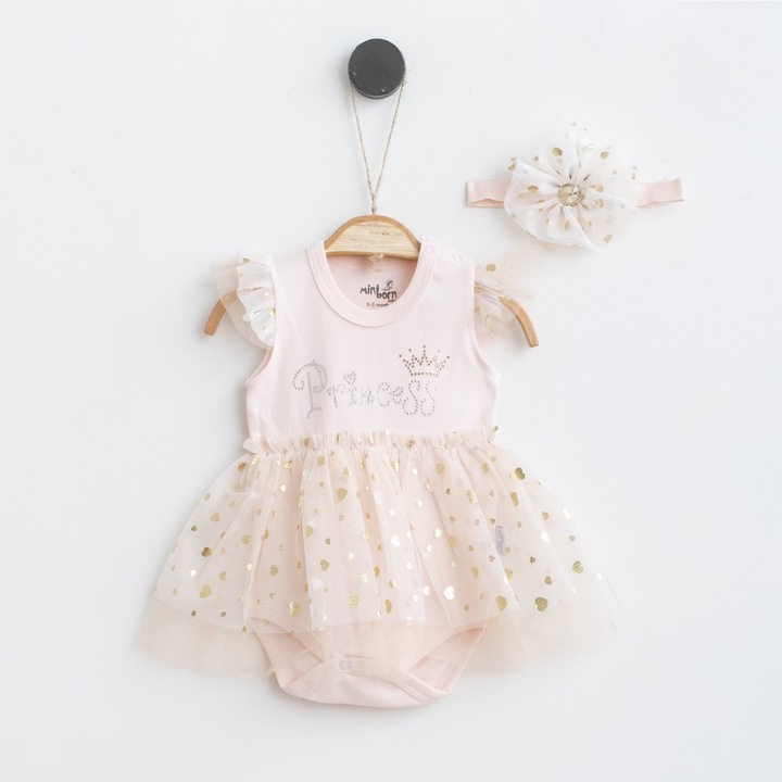 Детска рокля Bebe milo, 100% органичен памук, Лента за коса, Пачка, 74-80см, Прасковен цвят, 9-12 месеца