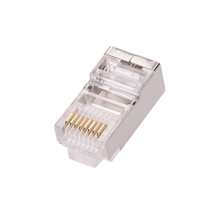 Conector RJ45 Extralink CAT5E FTP, 8P8C ecranat, compatibil cu cabluri torsadate ecranate, asigura conexiuni stabile si sigure in retele LAN, instalare rapida si protectie impotriva interferentelor electromagnetice