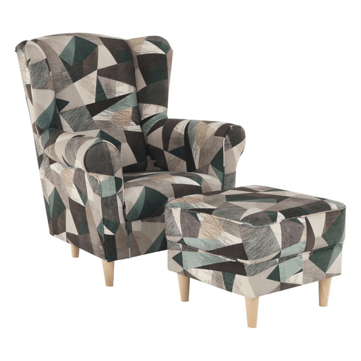 Set fotoliu cu taburet, tapiterie textil maro verde, Astrid, 86x72x105 cm