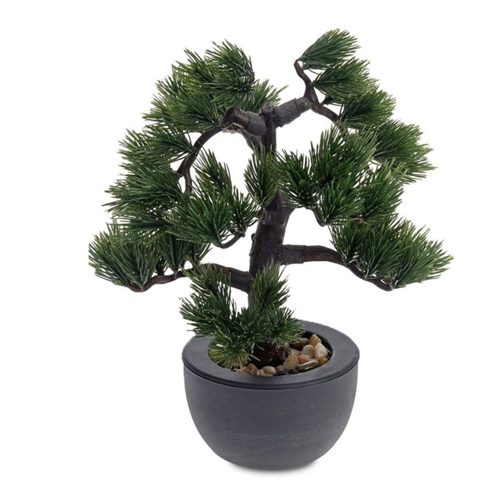 Bonsai decorativ artificial, In ghiveci, 31 cm, Plastic, Verde/ Negru/ Maro