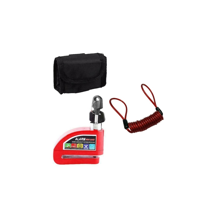 Set Alarma Blocare Disc cu Senzor de Miscare, Cablu si Geanta pentru Lacat, Rosu
