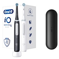 Set 2 x Periuta de dinti electrica Oral-B iO4 cu Tehnologie Magnetica si Micro-Vibratii, Senzor de presiune Smart, 4 moduri, 2 capete, Trusa de calatorie, Alb/Negru