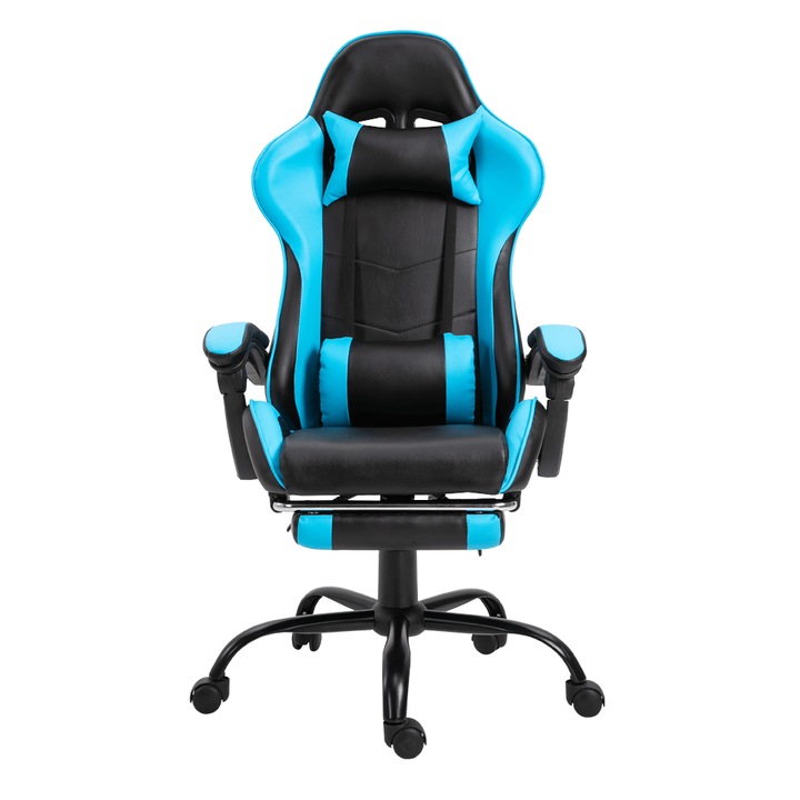 Scaun de birou, gaming, cu suport pentru picioare, culoare albastru/negru, inaltime ajustabila, cu perne in zona lombara si a capului, 64x121/131x53/81 cm, Bortis