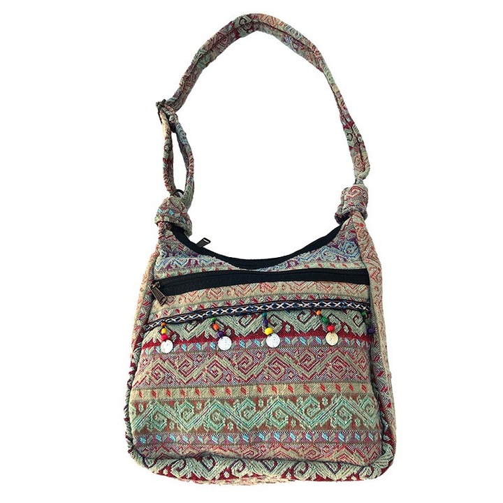 Textiltáska geometrikus mintával, fillérekkel és fagolyókkal, M1, 30x30 cm