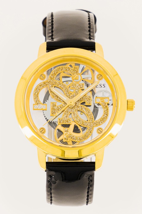 Guess, Кварцов часовник с кожена каишка, Златист, Черен