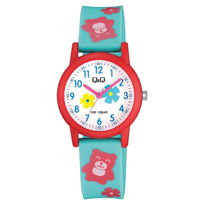 Ceas copii Q&Q V23A-003VY, rezistent la apa 100 m, Teddy bear