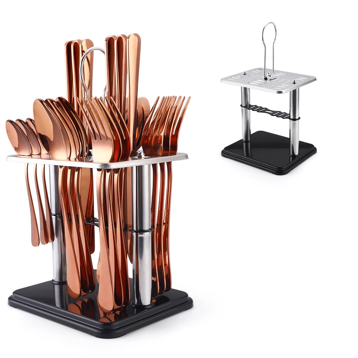 Set tacamuri din inox 24 piese, cu suport, TRENDY’S, rose