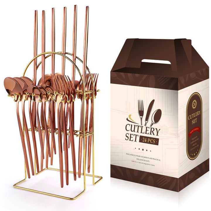 Set tacamuri portugheze, din inox 24 piese, cu suport, TRENDY’S, rose