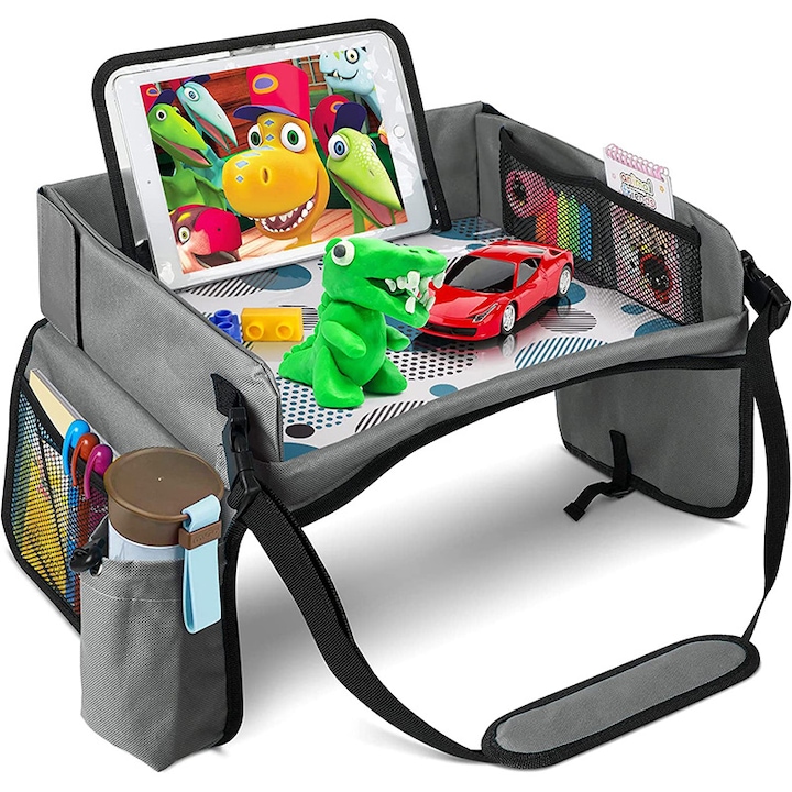 Asztali típusú autós rendszerező gyerekeknek, övvel, összecsukható különféle zsebekkel és tartókkal tárgyak, játékok, színek stb. elhelyezésére.