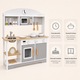 Bucatarie Pentru Copii, Din Lemn de Calitate Superioara, Include Plita cu Doua Arzatoare, Cuptor, Chiuveta, cu Spatiu de Depozitare, Cuptor cu Microunde, Accesorizata Complet, Vopsea pe Baza de Apa, Indiggo, 85Cm Inaltime, Alb/Gri