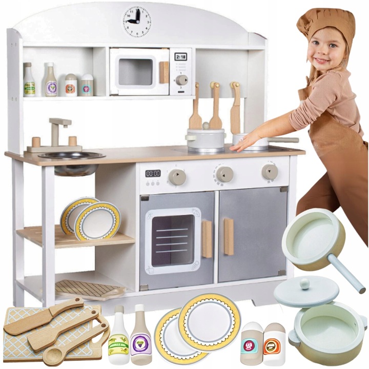 Bucatarie Pentru Copii, Din Lemn de Calitate Superioara, Include Plita cu Doua Arzatoare, Cuptor, Chiuveta, cu Spatiu de Depozitare, Cuptor cu Microunde, Accesorizata Complet, Vopsea pe Baza de Apa, Indiggo, 85Cm Inaltime, Alb/Gri