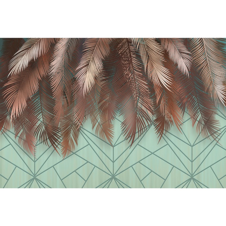 Fototapet Tropical, Frunze de palmier si geometrie moderna in nuante verzui, Abstract, Plante, Design modern, 100x 200cm