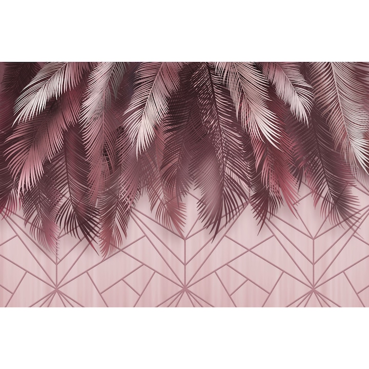 Fototapet Tropical, Frunze de palmier si geometrie moderna in nuante roz, Abstract, Plante, Design modern, 150x 300cm