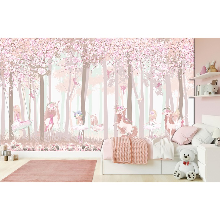 Fototapet pentru camera copiilor, Padurea roz din Basm cu Unicorni, Eco-friendly, Lavabil, Vlies, 100 x200cm