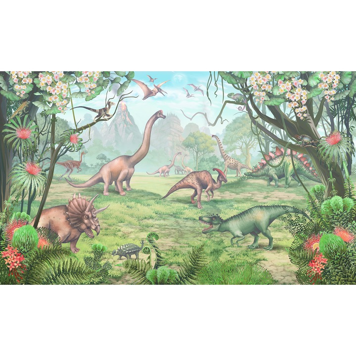 Fototapet pentru camera copiilor, Dinozauri in padure tropicala, Peisaj din basm, Eco-friendly, Lavabil, 100 x150cm