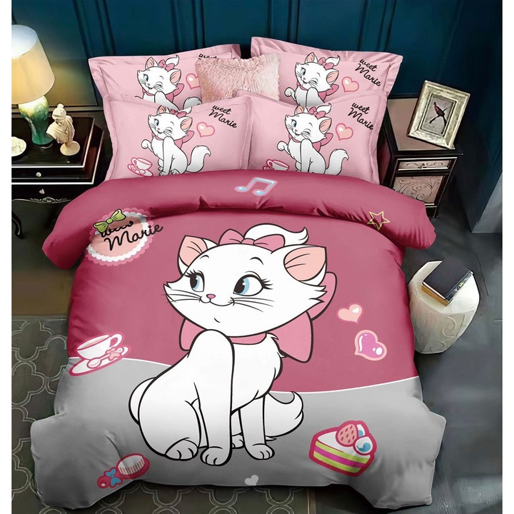 Set Lenjerie de pat cu imprimeu 3D, Jojo Home, JS03, bumbac finet, multicolor, 2 persoane, 6 piese