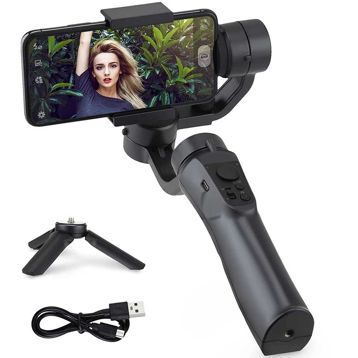 Stabilizator telefon mobil, gimbal 3 axe, cu sistem de stabilizare tip selfie stick pentru smartphone cu trepied