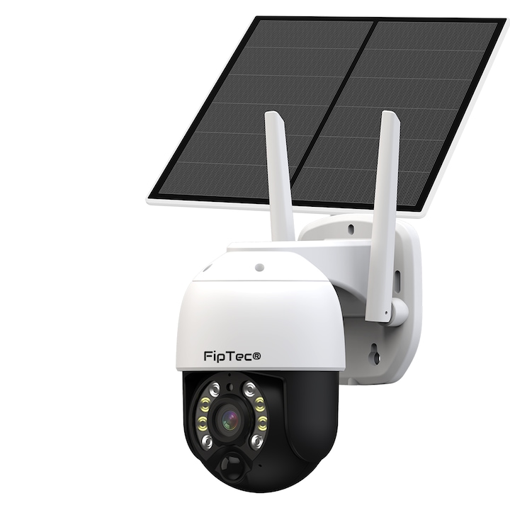 Napelemes intelligens kamera FipTec LS04-4G, 4G, 3MP 2048x1536p FullHD+, vízálló, éjszakai látás akár 20 méterig, mozgásérzékelő és telefonértesítések, kétirányú audiocsatlakozás, vezérlés Android és iOS rendszerhez
