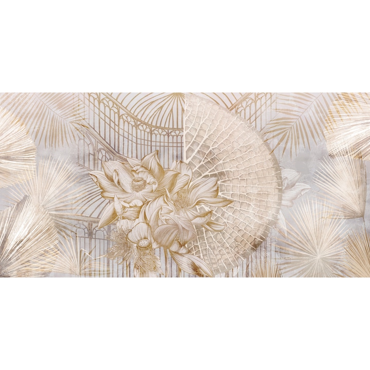 Fototapet Floral, Flori de Lotus si Frunze Tropicale pe fundal Abstract in nuante bej-crem, Lavabil, Vlies, 100 x200cm