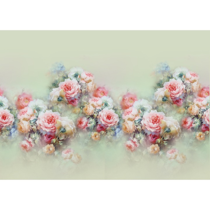 Fototapet Floral, Flori de Trandafiri multicolor pe fundal verzui, Fantezie, Lavabil, Vlies, 150 x250cm