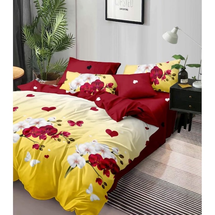 Ágynemű piros, sárga és fehér színben, 2 személyes ágy, 6 részes, finom pamut, F20/60