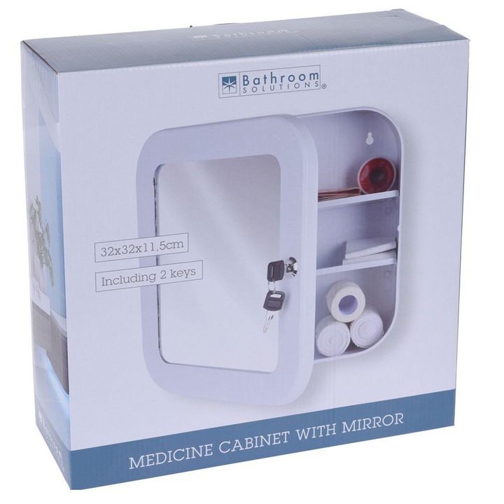 Шкаф за лекарства с огледало, 32x31x11.5 см, Стомана, Бял