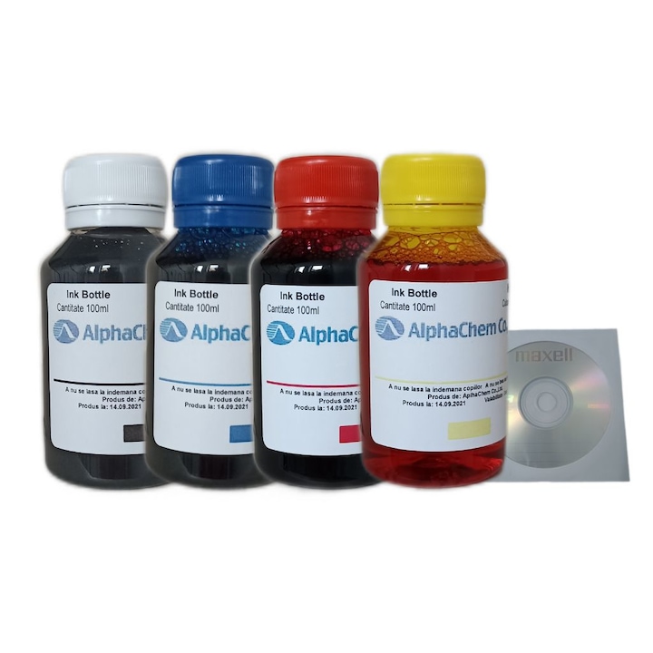 Batch Tintás üveg AlphaChem Kompatibilis HP56/57, 1x100ml C6656AE Fekete, 1x100ml C6657AE Cián, 1x100ml C6657AE Bíborvörös, 1x100ml C6657AE Sárga, 4 db Cdr Maxell boríték