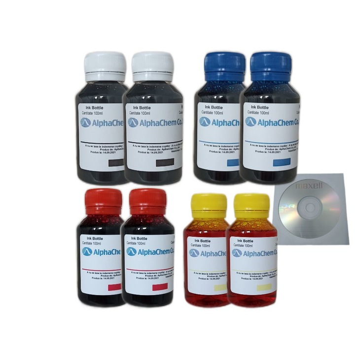 Set Flacon Cerneala AlphaChem Compatibil HP301XL, 2x100ml CH563EE Negru, 2x100ml CH564EE Cyan, 2x100ml CH564EE Magenta, 2x100ml CH564EE Galben si 8 Cdr Maxell cu plic