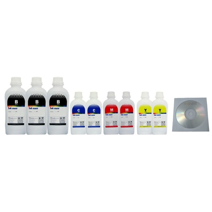 Canon kompatibilis Ink-Mate tintapalackkészlet 3x1000ml GI-46BK fekete 2x1000ml GI-46C cián 2x1000ml GI-46M Magenta 2x1000ml GI-46Y sárga, 9db Maxell Cdr borítékkal