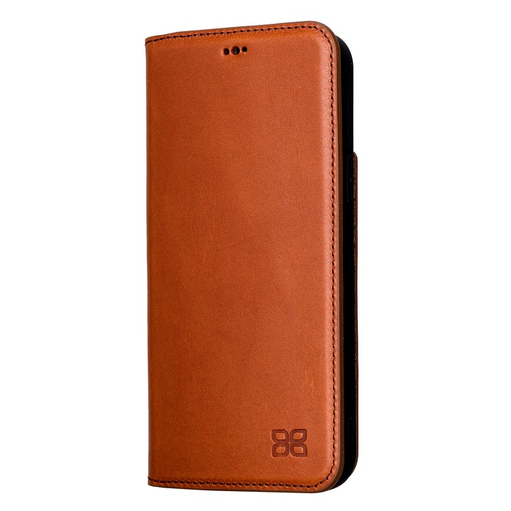 Тънък калъф за iPhone 13 Pro Max, Bouletta Brooks, от първокласна естествена кожа, тип книга, магнитно закопчаване, джоб за пари и карти, функция стойка, Maroon