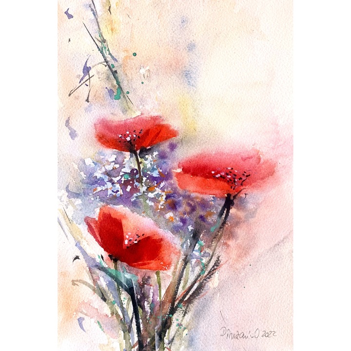 Pictura in acuarela Poppies and violet wild flowers – tablou pictat manual, dimensiune 19 x 28 cm
