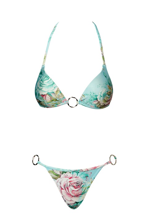 Costum de baie 2 piese cu Push-up si slip brazilian semitalie print Aqua, floral
