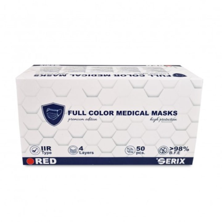 Комплект от 50 броя медицински маски 4 слоя SERIX Premium пълноцветни червени