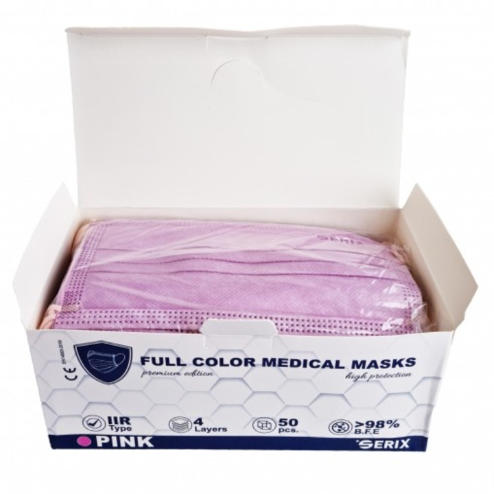 Комплект от 50 броя медицински маски 4 слоя SERIX Premium пълноцветно розово