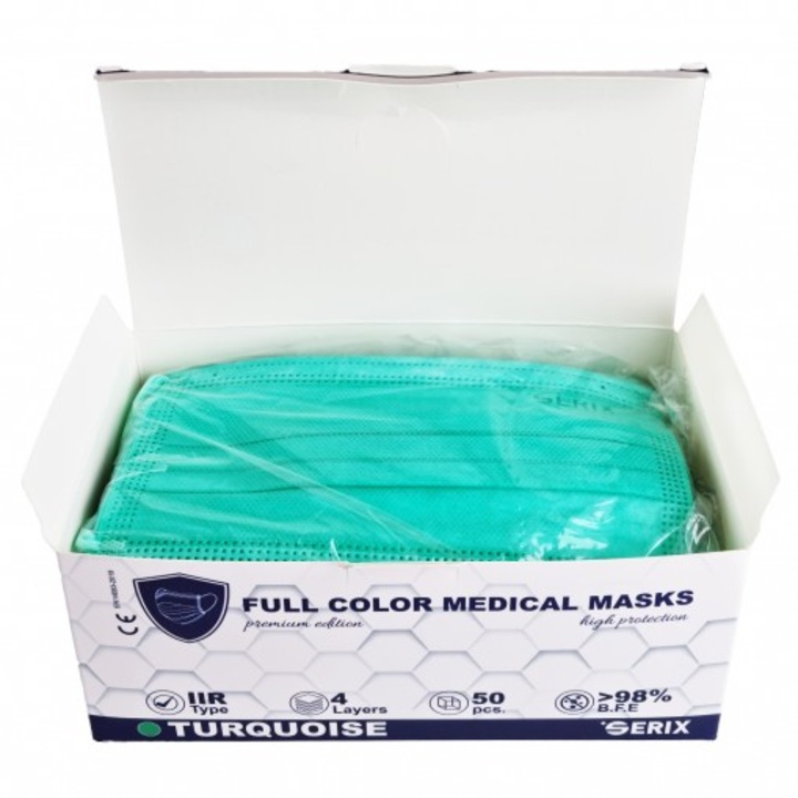 Комплект от 50 броя медицински маски 4 слоя SERIX Premium пълноцветен тюркоаз
