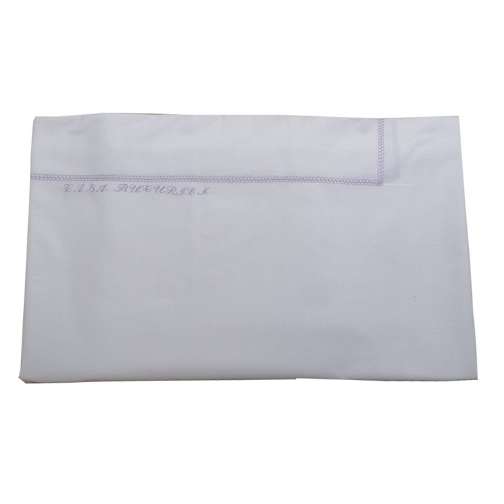 Чаршаф с ластик за матрак 180 х 200 см, Casa Bucuriei, модел Classic Iris, бяло/лила, 100% естествен памук, декоративен бордюр