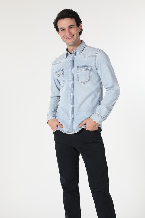 COLIN'S, Camasa slim fit de chambray cu guler ascutit, Albastru pastel, 2XL