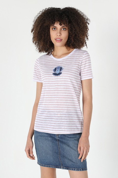COLIN'S, Tricou din jerseu cu model in dungi cu detaliu brodat, Alb/Visiniu, XS