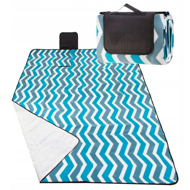 Patura pentru picnic sau plaja, cu folie izolatoare si maner, 160x200cm, alb albastru