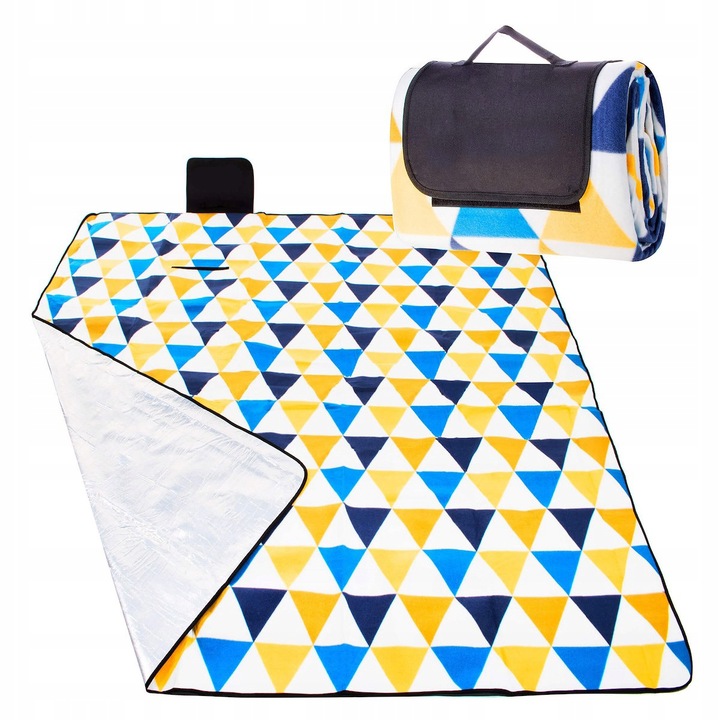 Patura pentru picnic sau plaja, cu folie izolatoare si maner, 200x200cm, albastru galben.+
