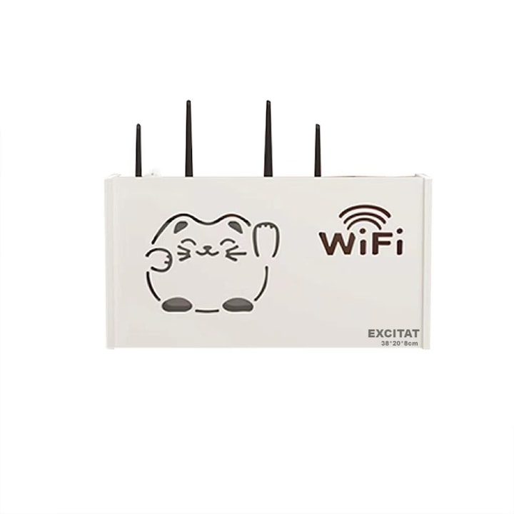 Suport depozitare router, Excitat, ABS, Model pisica, 38x20x8.5 cm, Alb