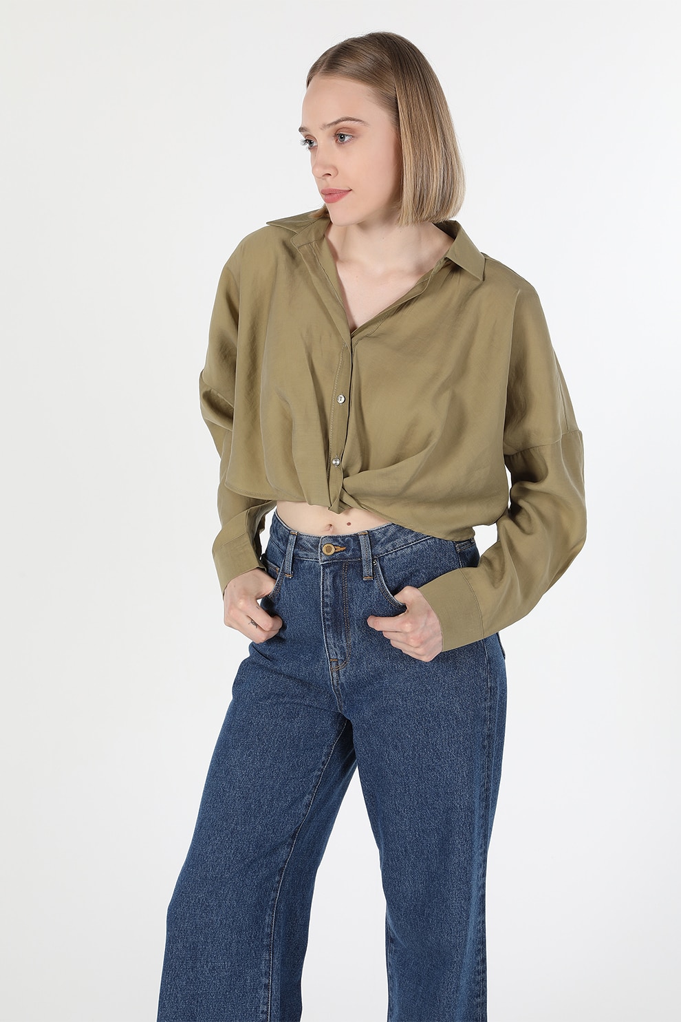 COLIN'S, Camasa crop cu maneci cazute, Verde militar, L