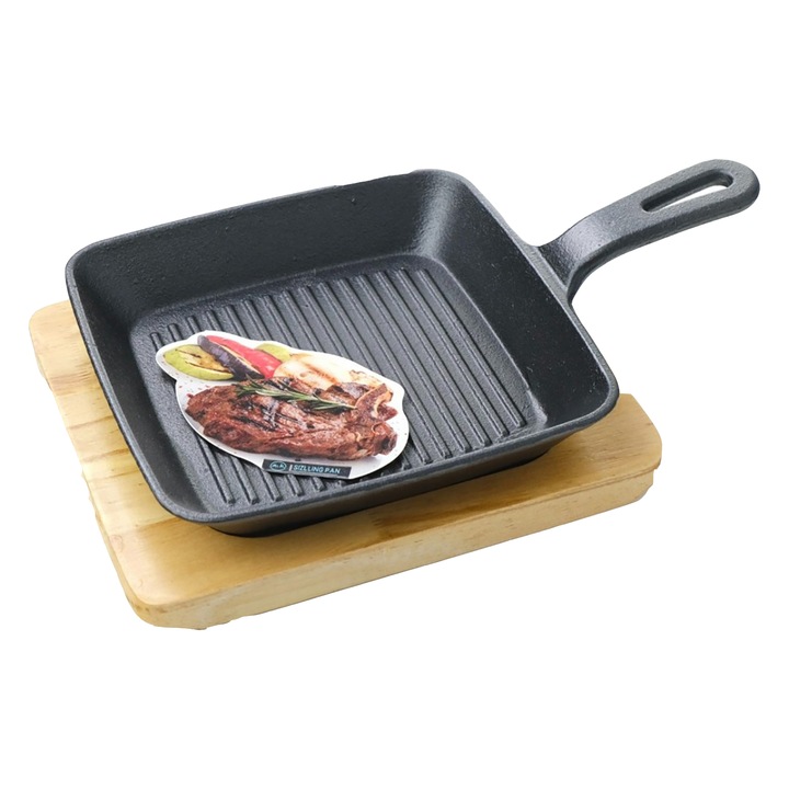 Platou patrat pentru Gatit si Servit, din Fonta, cu suport din Lemn, 29x19x3 cm