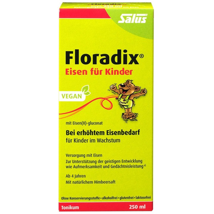 Étrend-kiegészítő gyermekeknek, Salus, Floradix, növényi és gyümölcskivonatból, vassal, 4 éves kortól, málna ízű