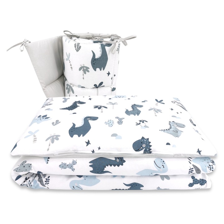 Lenjerie patut cu 3 piese, MimiNu, Pentru patut 120x60 cm, Cu protectie laterala, Din bumbac certificat Oeko Tex Standard 100, Dino Granat