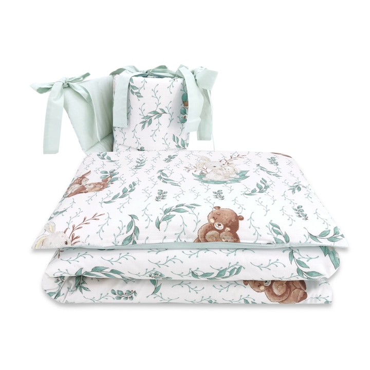 Lenjerie, MimiNu, pentru patut 120x60 cm, Cu protectie laterala, Din bumbac, 3 piese, Lulu natural
