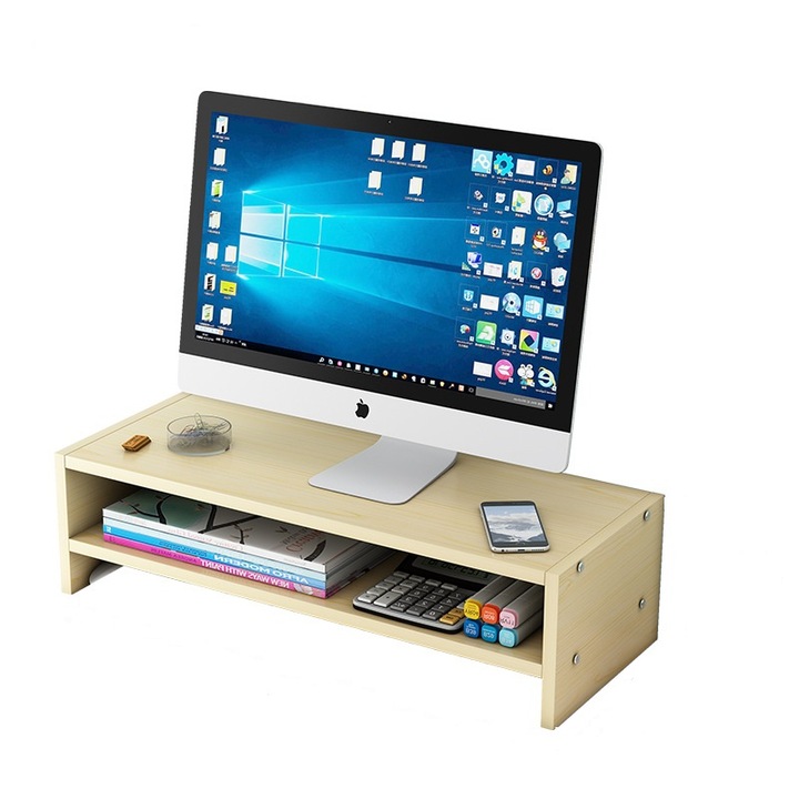 Suport monitor/laptop, Lemn, 13.5x50x19.5 cm, Maro deschis